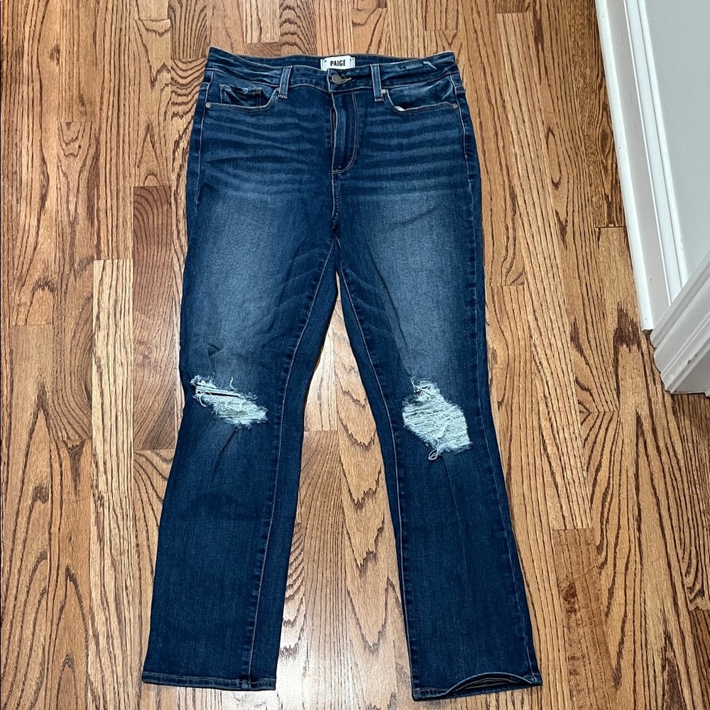PAIGE Hoxton Slim Straight Leg Distressed Dark Blue Jeans